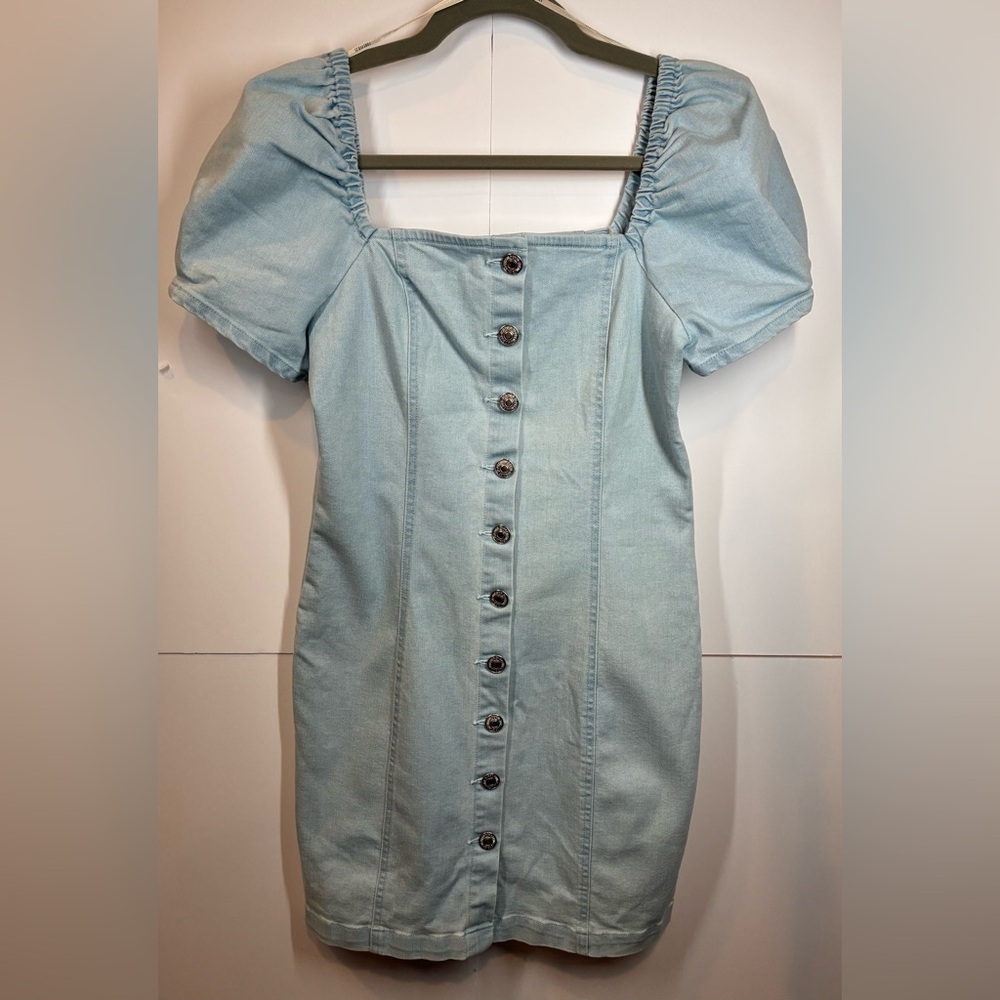 Forever 21 Light Blue Puff Sleeve Button-Front Mini Dress Size Medium NWT
